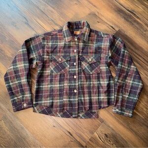 POL Long Sleeve Button Down Plaid Jacket with Distressed Hem